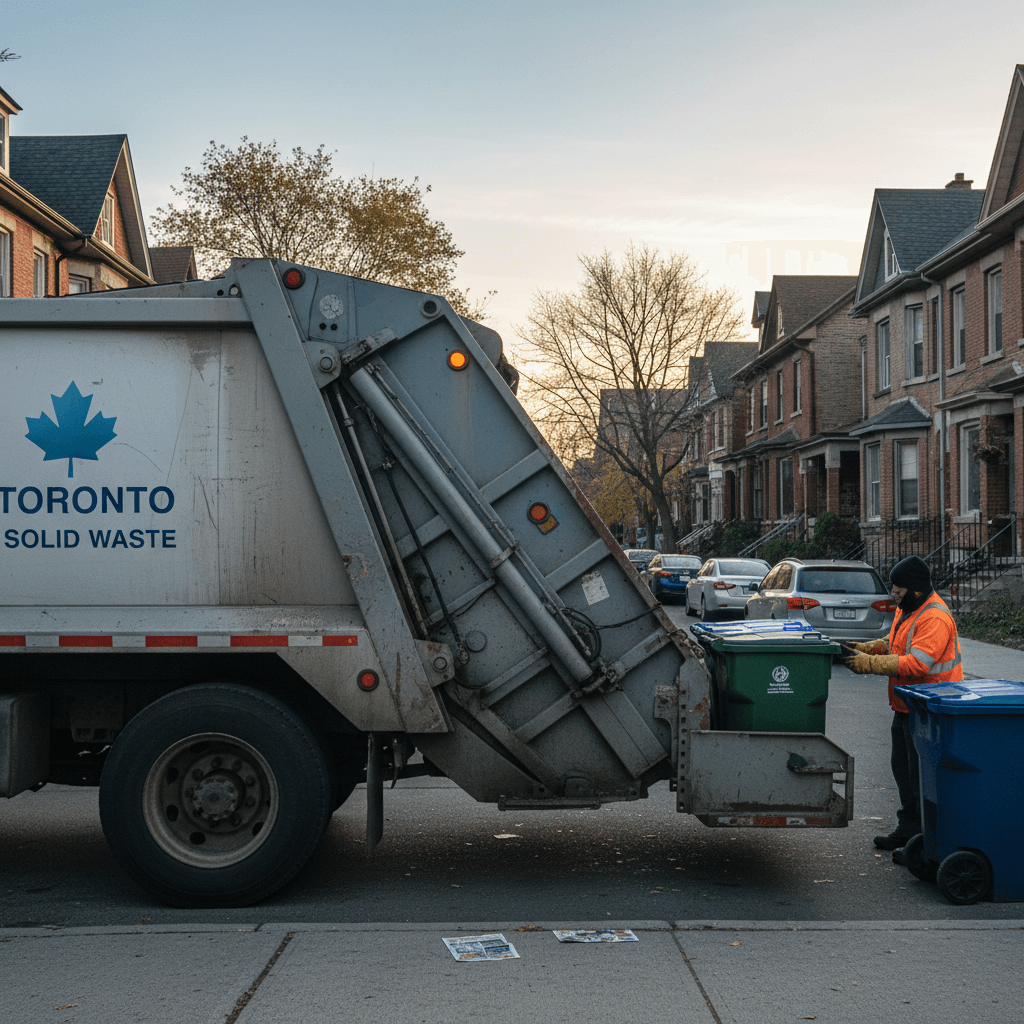 Waste collection truck on a residential street with a worker securing bins