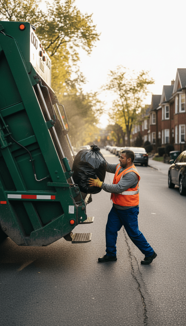 Waste collection worker loading debris into truck in Toronto neighborhood