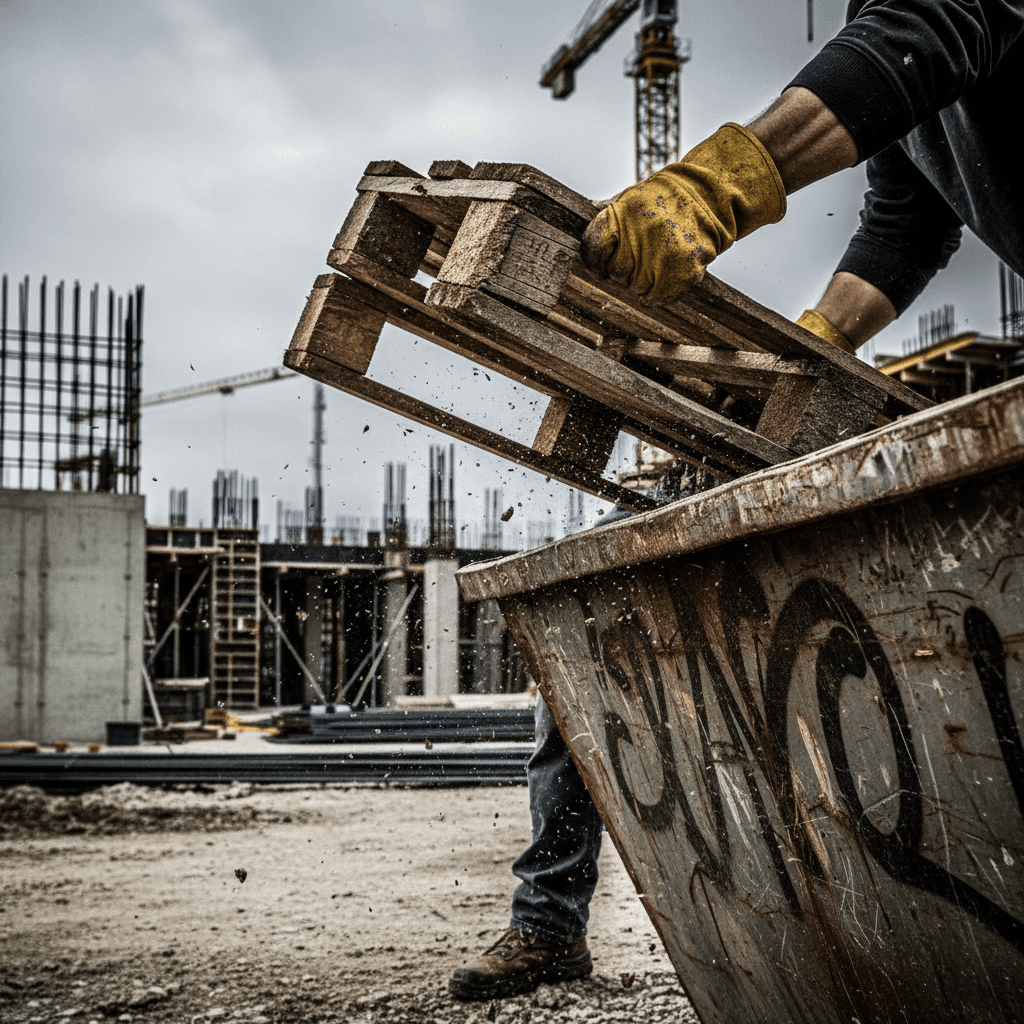 Gloved hands lifting a broken wooden pallet into a dumpster at a construction site