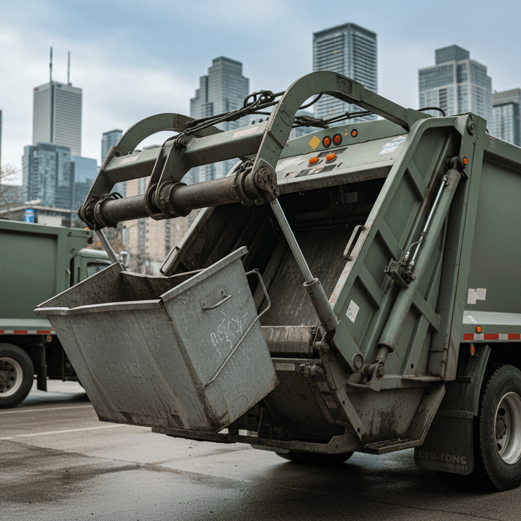 Waste collection truck lowering an empty bin in a Toronto neighborhood