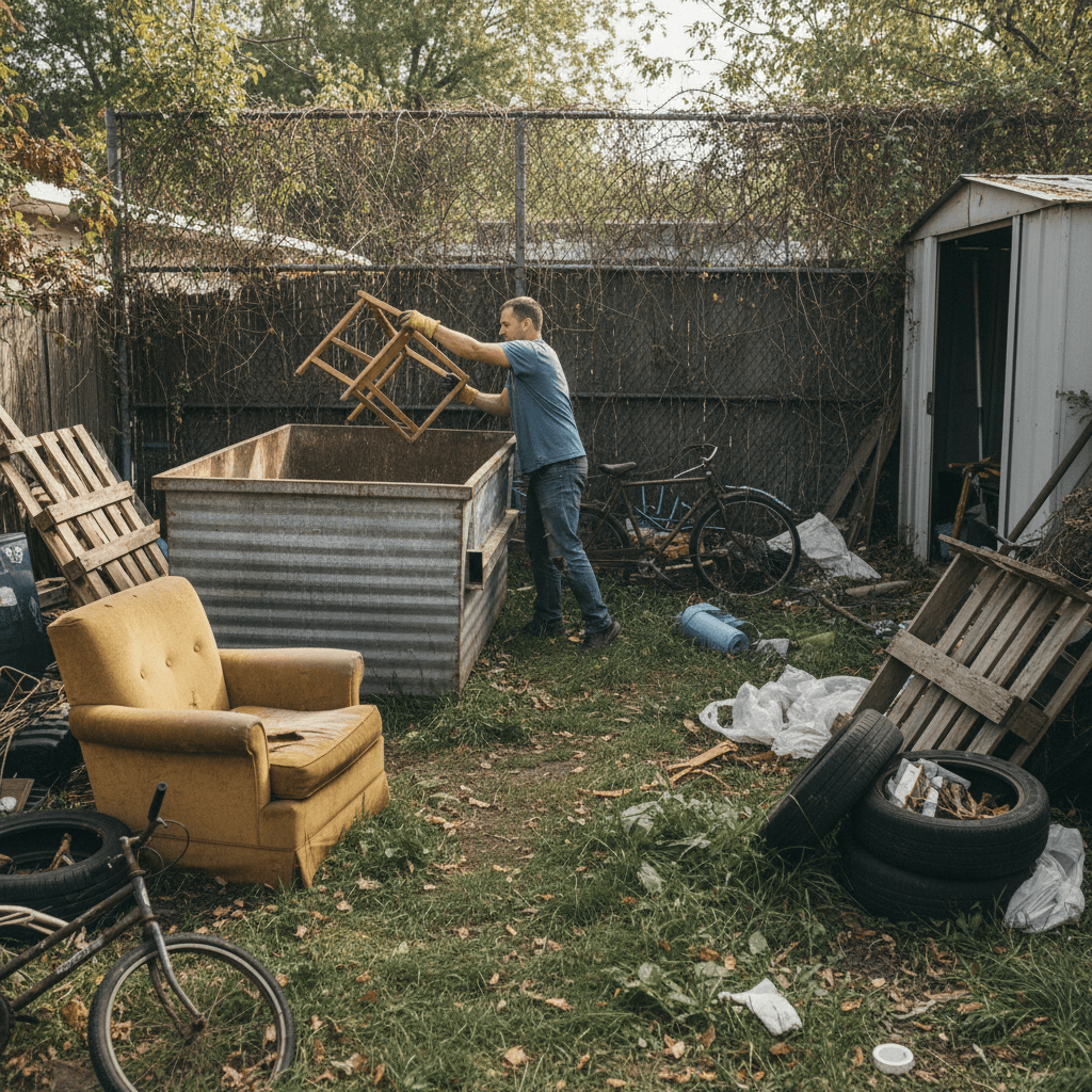Worker loading old furniture and debris into a large bin during a property cleanup