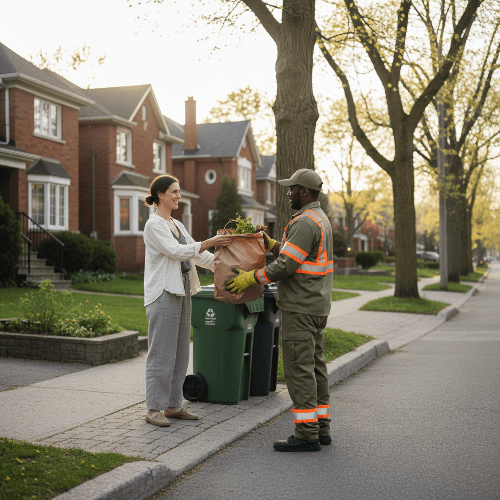 Homeowner handing a bag of waste to a worker beside a curb on a suburban street