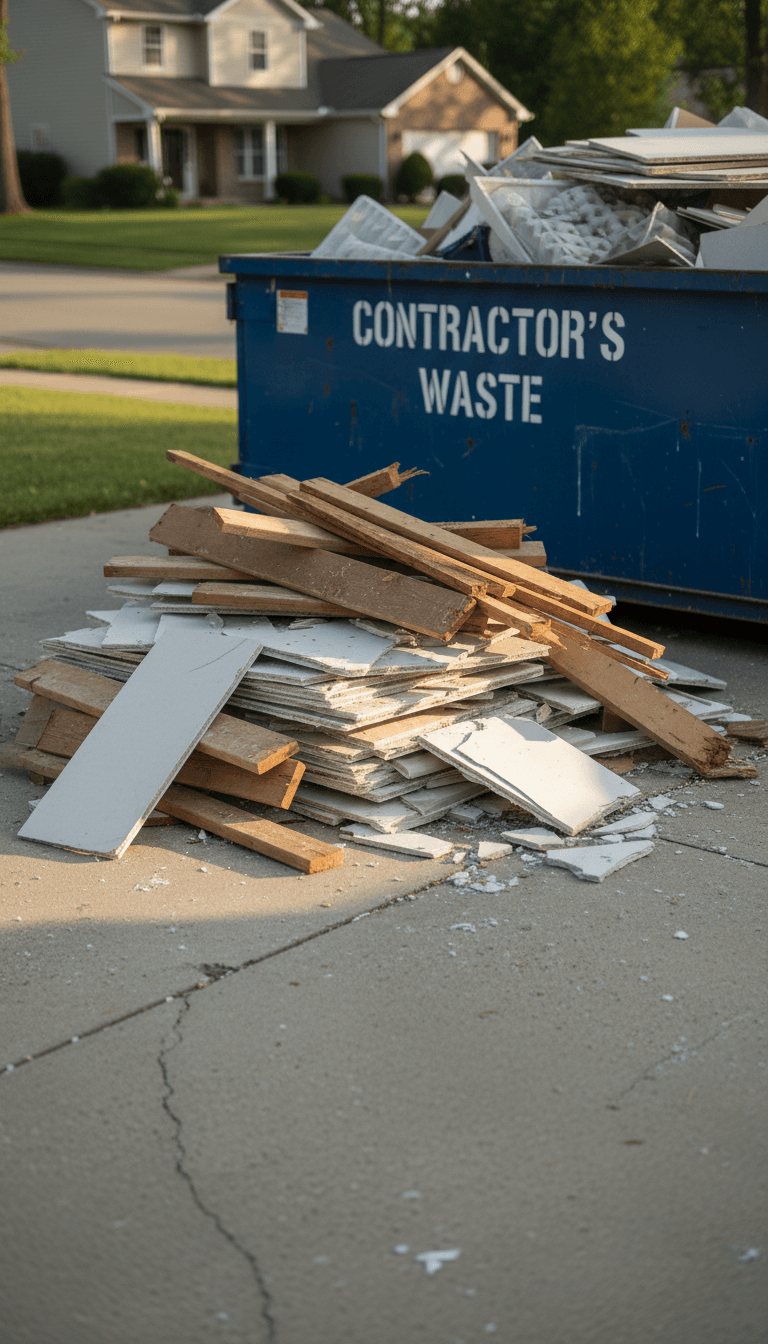 Pile of construction debris beside a waste bin on a residential driveway