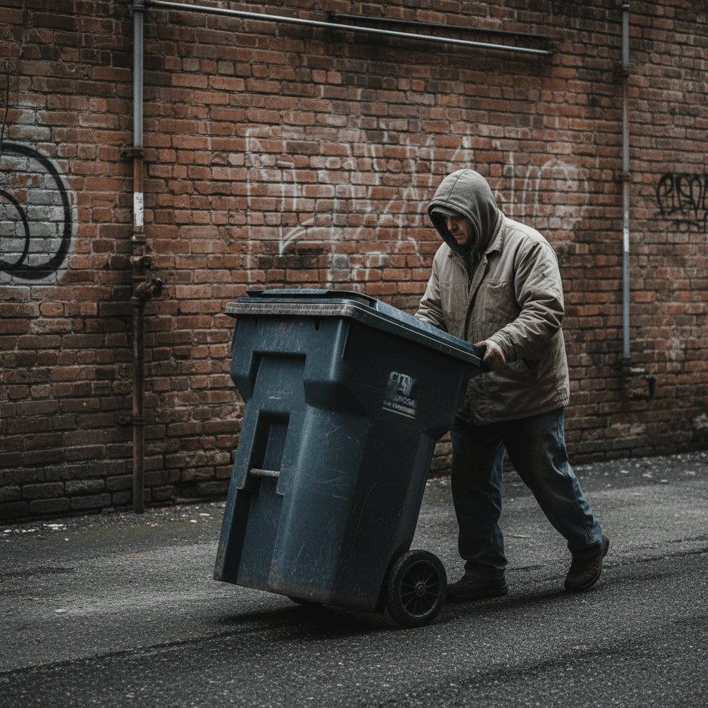 Worker rolling a commercial waste bin from a storefront alley