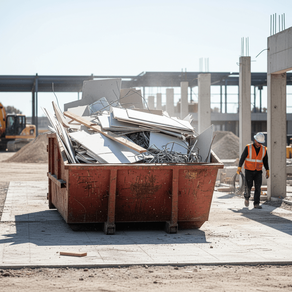 Large dumpster filled with drywall and lumber at a construction site