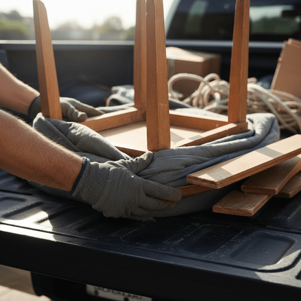 Worker loading old furniture from a backyard into a collection truck