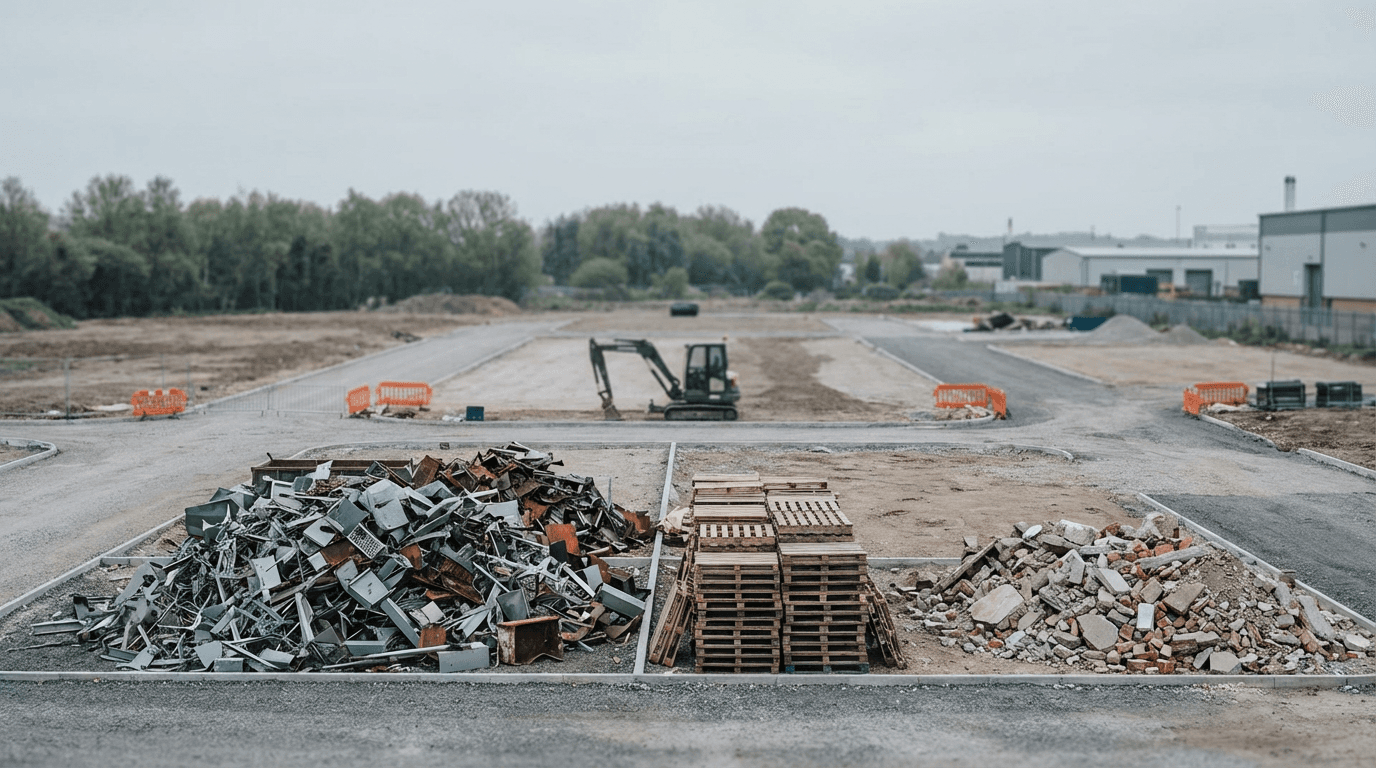 Clean construction site with a large dumpster bin ready for debris removal