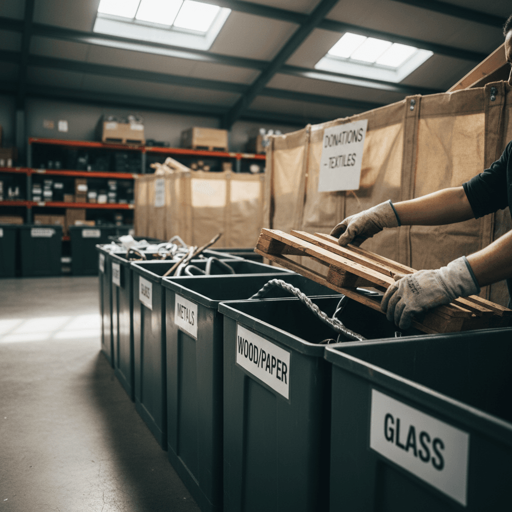 Waste sorting process with recycling bins