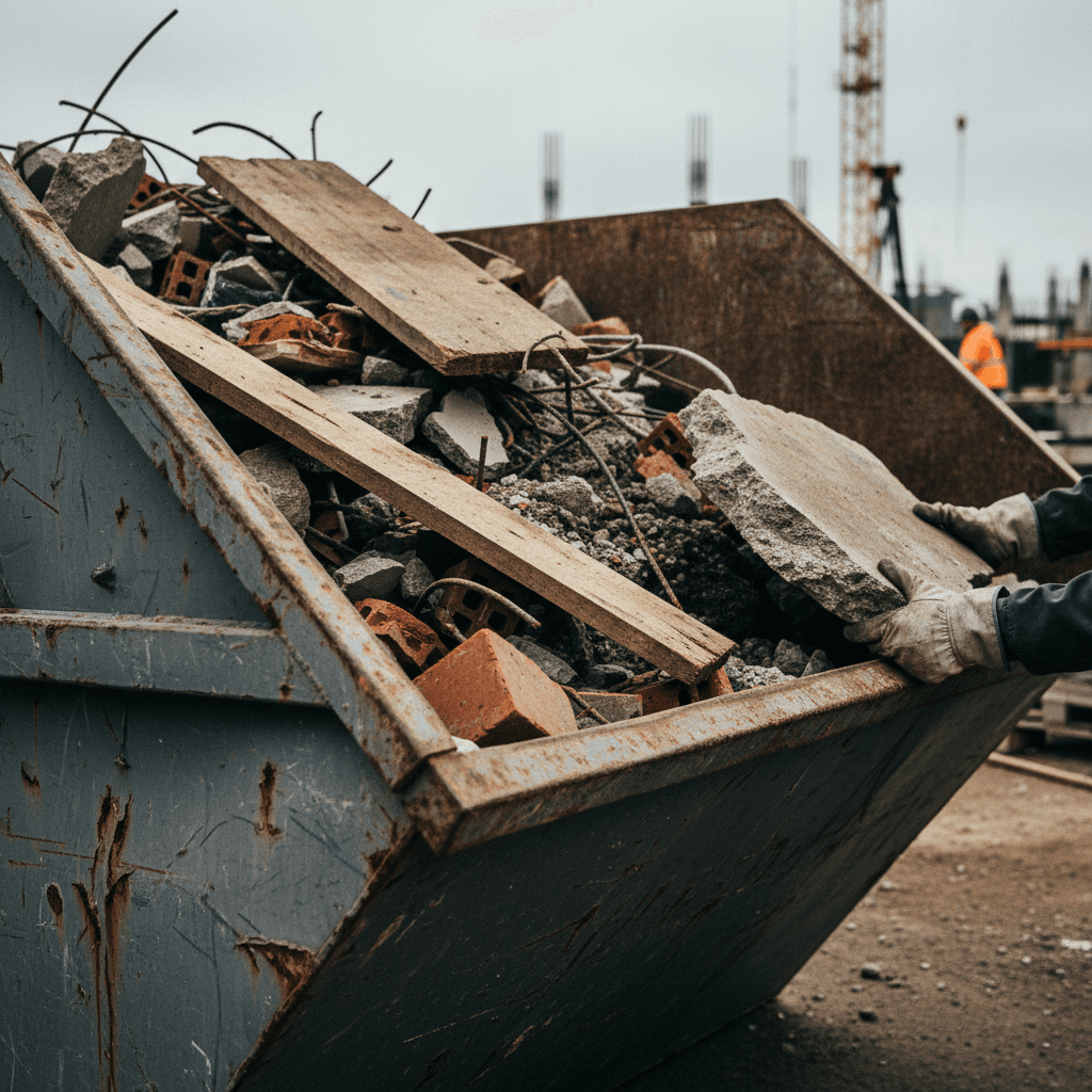 Construction waste debris being loaded into a truck at a site