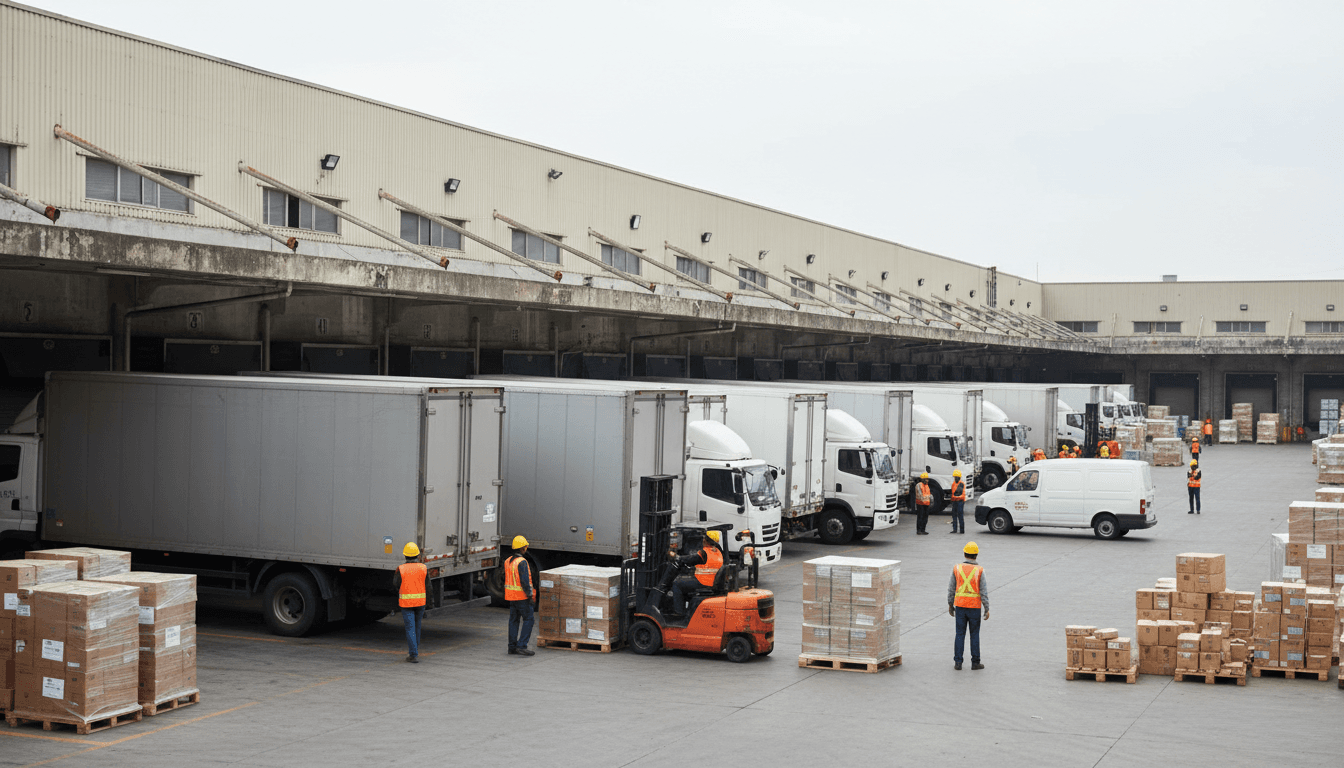 Commercial waste bins being emptied at a loading dock