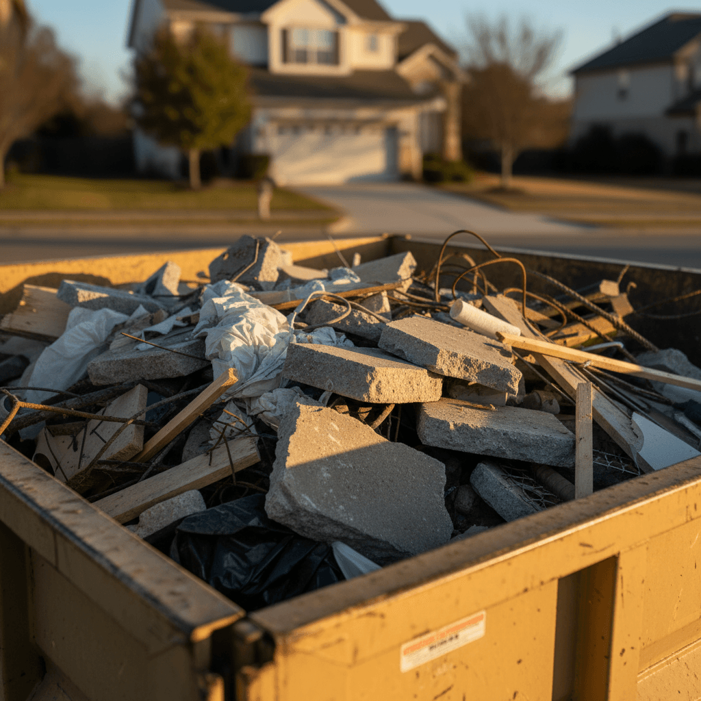 Commercial dumpster loaded with construction debris