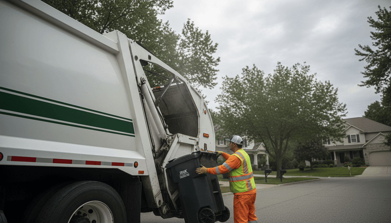 Waste collection truck arriving at a home